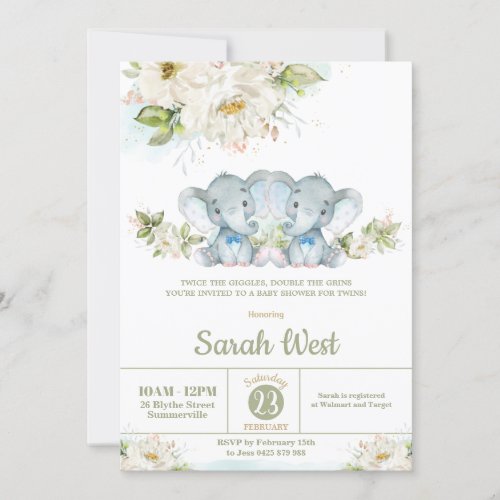 Greenery Twins Elephant Twin Boys Baby Shower  Invitation