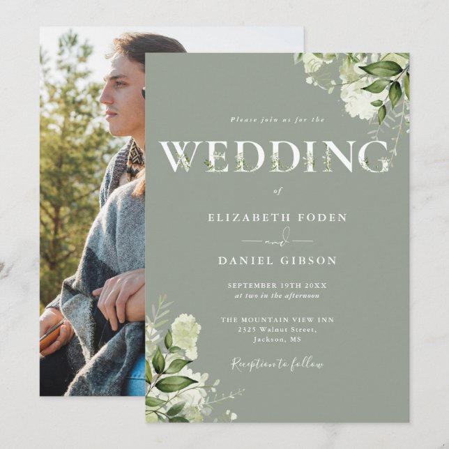 Greenery Typography Photo Sage Green Wedding Invitation (Front/Back)