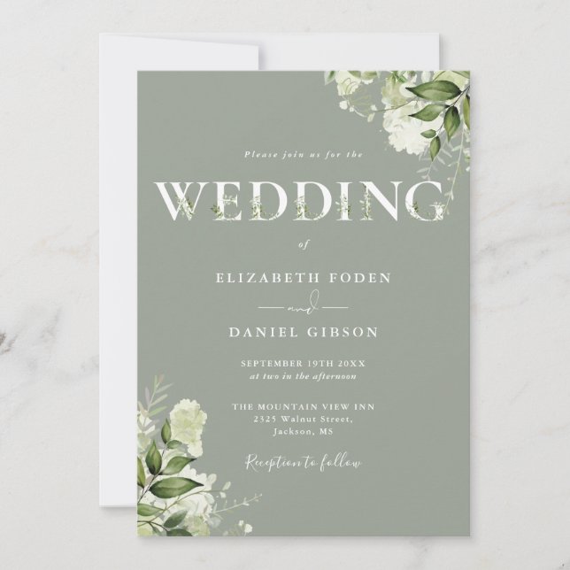 Greenery Typography Sage Green All In One Wedding Invitation (Front)