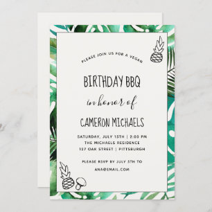 Greenery Vegan Birthday BBQ Watercolor Leaves Invitation