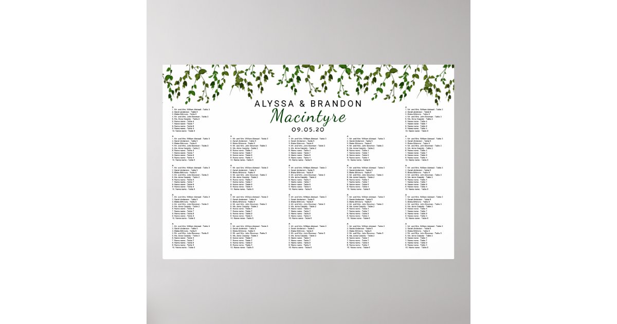 Greenery Vines Wedding Reception Seating Chart Zazzle Com