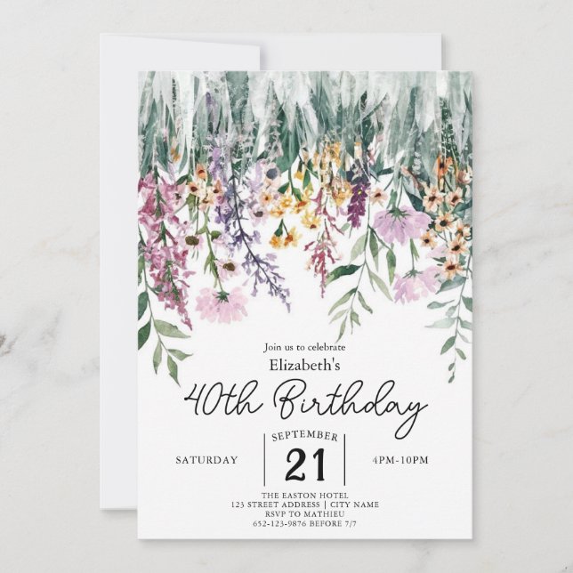 Greenery Vintage Wildflower 40th birthday Invitation (Front)