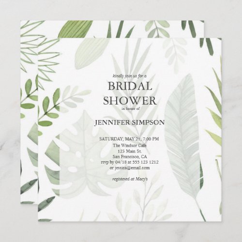 Greenery water Color leaves Bridal Shower Invitation