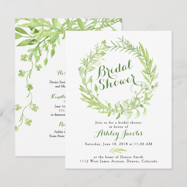 Greenery Watercolo Wreath Bridal Shower Invitation (Front/Back)