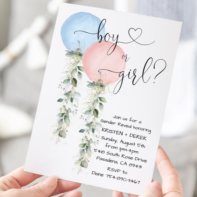 Greenery Watercolor Balloons Gender Reveal Invitat Invitation (Creator Uploaded)