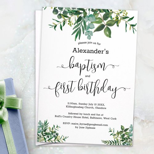 Greenery Watercolor Baptism Combined 1st Birthday Invitation