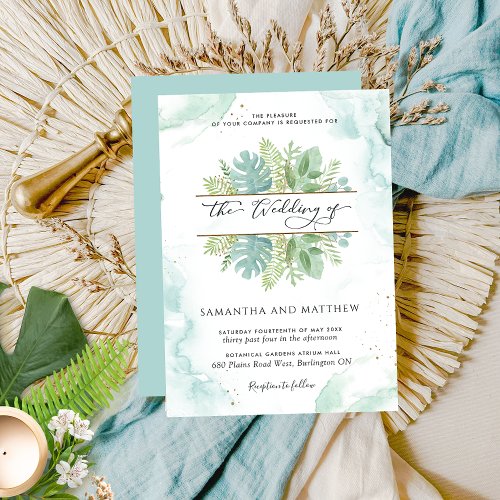 Greenery Watercolor Blue and Green Wedding Invitation