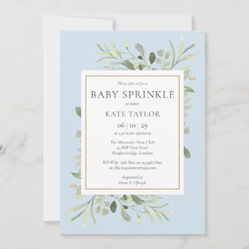 Greenery Watercolor Blue Baby Boy Sprinkle Invitation