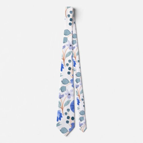 Greenery Watercolor Blue Floral Patten Neck Tie