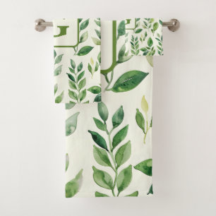 Greenery Watercolor Botanical Leaves monogram  Bath Towel Set