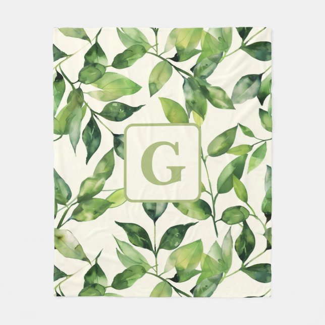 Greenery Watercolor Botanical Leaves monogram  Fleece Blanket (Front)