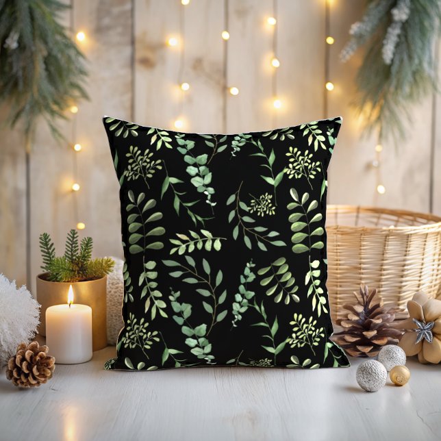 Greenery watercolor Botanical Leaves pattern black Throw Pillow (Creator Uploaded)