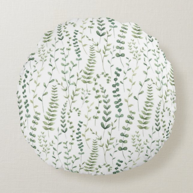 Greenery Watercolor Botanical Leaves Pattern Round Pillow (Front)