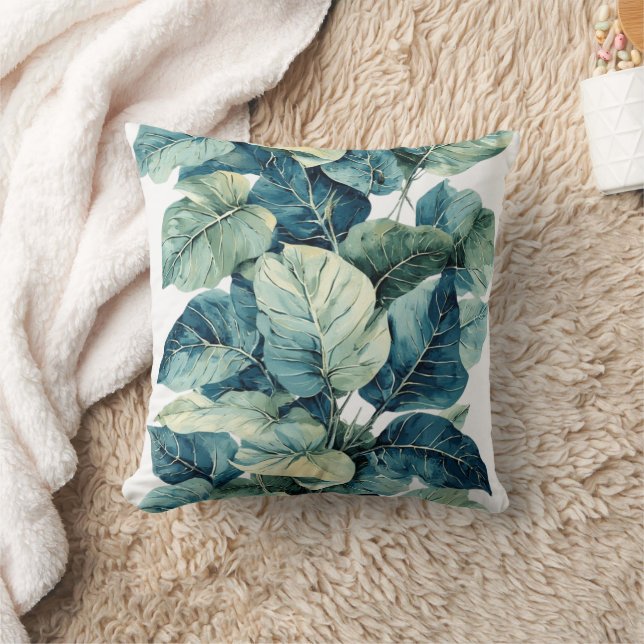 Greenery Watercolor Botanical Leaves Throw Pillow (Blanket)