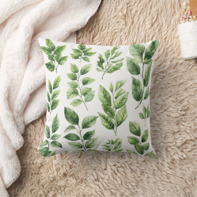 Greenery Watercolor Botanical Leaves Throw Pillow (Blanket)