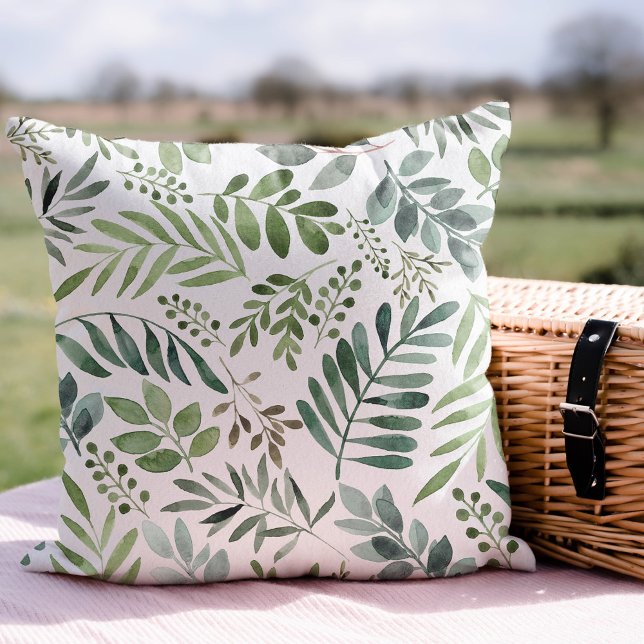 Greenery Watercolor Botanical Leaves  Throw Pillow (Creator Uploaded)