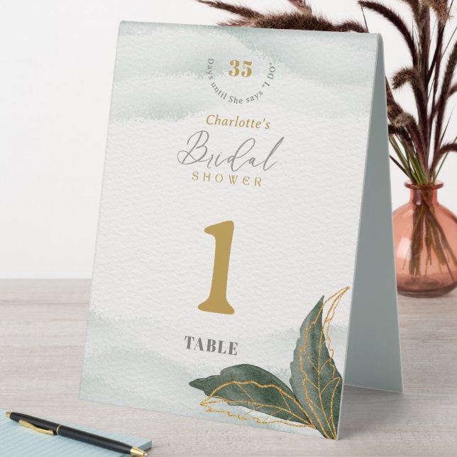 Greenery Watercolor Bridal Shower Table Number Tent (In SItu (Table))