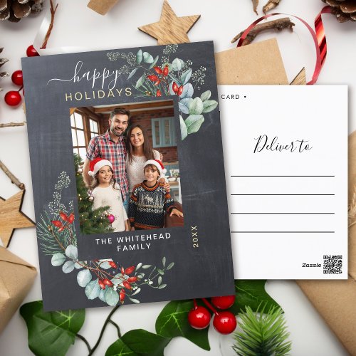 Greenery Watercolor Chalkboard Holiday Postcard