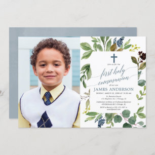 Greenery watercolor dusty blue boy communion photo invitation
