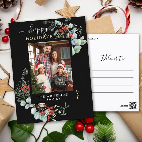 Greenery Watercolor Elegant Black Holiday Postcard