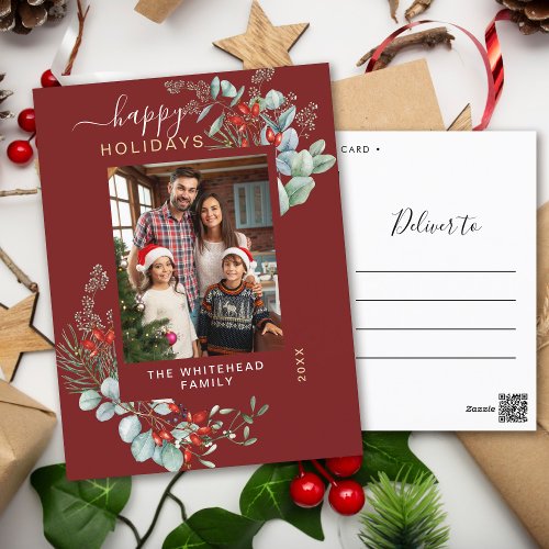 Greenery Watercolor Elegant Burgundy Holiday Postcard