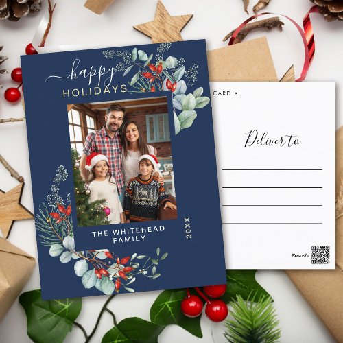 Greenery Watercolor Elegant Navy Blue Holiday Postcard