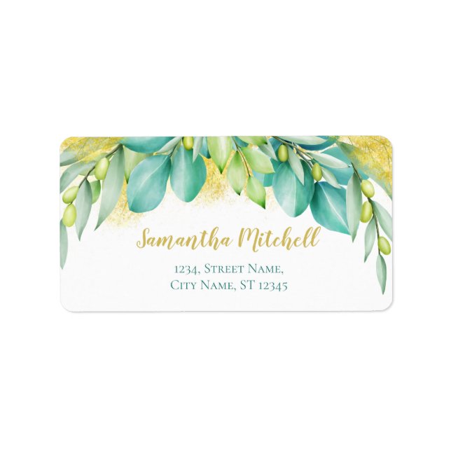 Greenery Watercolor Eucalyptus Leaves Olive Label (Front)