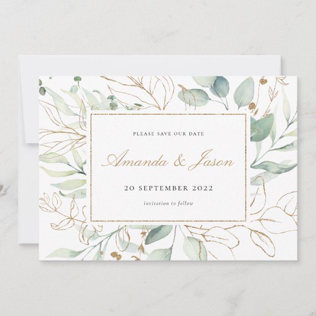 Greenery Watercolor Eucalyptus Rustic Gold Foliage Save The Date (Front)