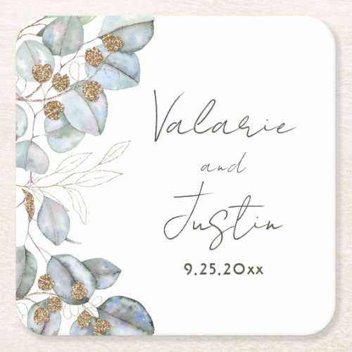 Greenery Watercolor Eucalyptus Wedding Square Pape Square Paper Coaster