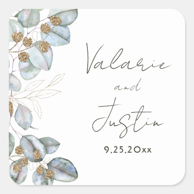 Greenery Watercolor Eucalyptus Wedding Square Stic Square Sticker (Front)
