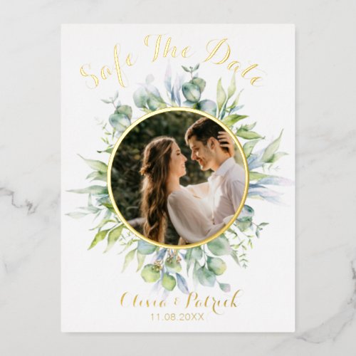 Greenery watercolor eucalyptus with photo  foil in foil invitation postcard