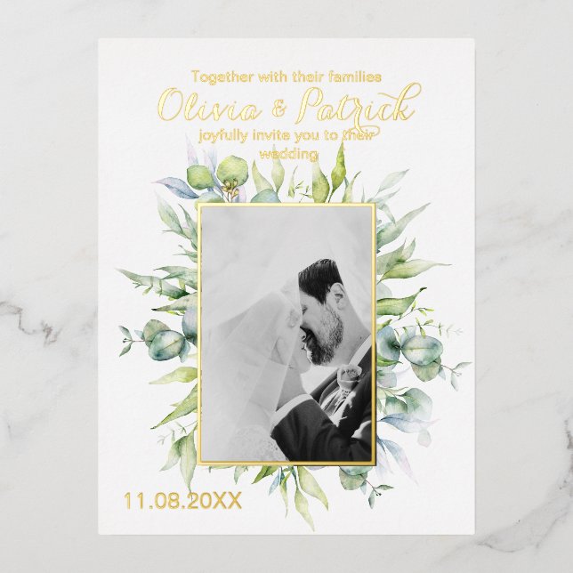 Greenery watercolor eucalyptus with photo  foil invitation postcard (Front)