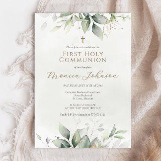 Greenery Watercolor First Holy Communion Invitation