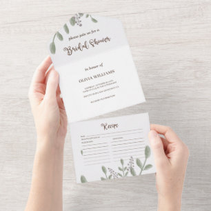 Greenery Watercolor Floral Bridal Shower Recipe All In One Invitation