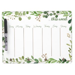 Greenery Watercolor Floral Weekly Calendar Dry Erase Board With Keychain Holder