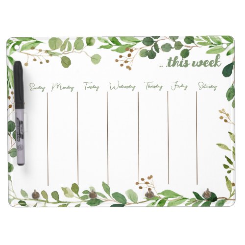 Greenery Watercolor Floral Weekly Calendar Dry Erase Board With Keychain Holder