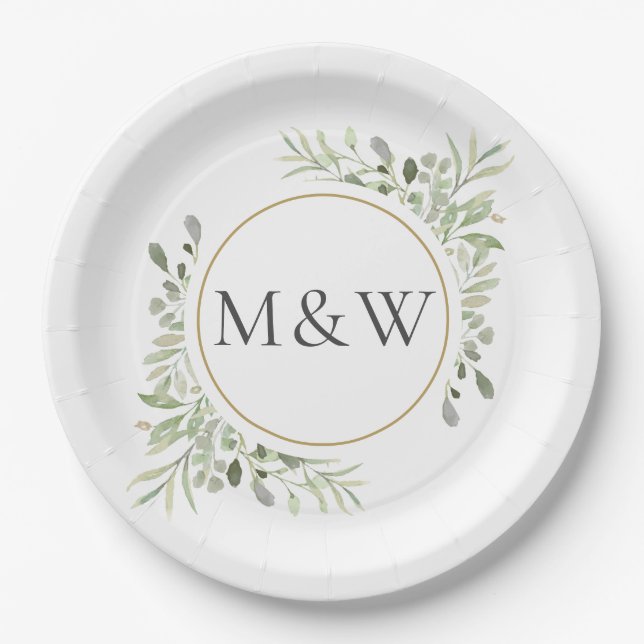 Greenery Watercolor Foliage Monogram Initials Paper Plates (Front)