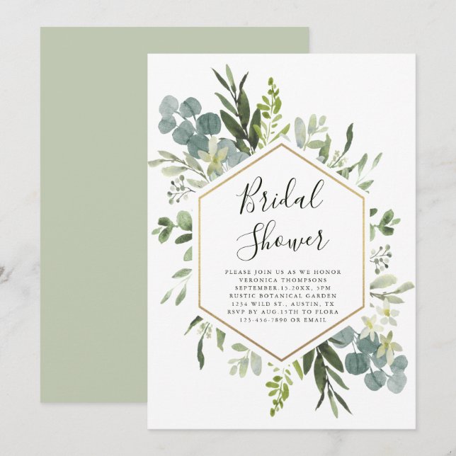 Greenery Watercolor Gold Hexagon Bridal Shower Invitation (Front/Back)