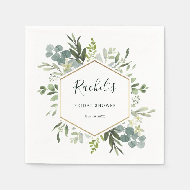 Greenery Watercolor Gold Hexagon Bridal Shower Napkins (Front)