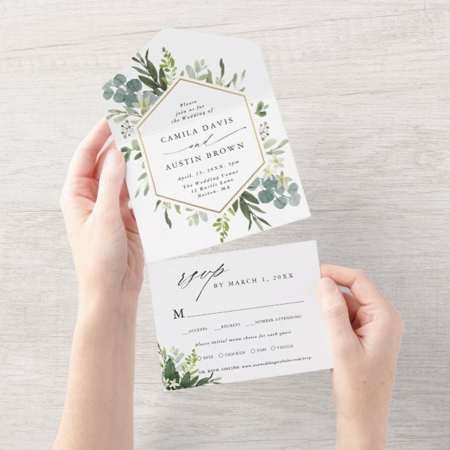 Greenery Watercolor Gold Hexagon Wedding  All In One Invitation (Tearaway)