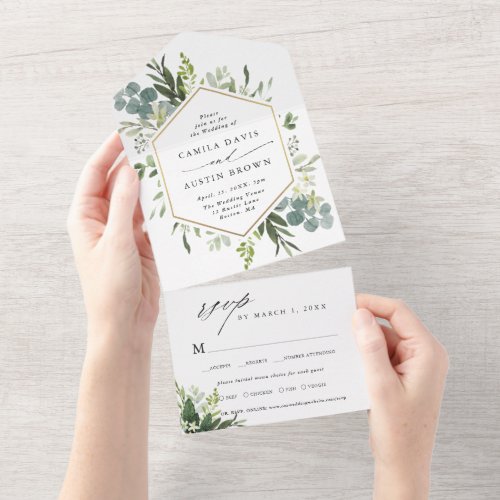 Greenery Watercolor Gold Hexagon Wedding  All In One Invitation