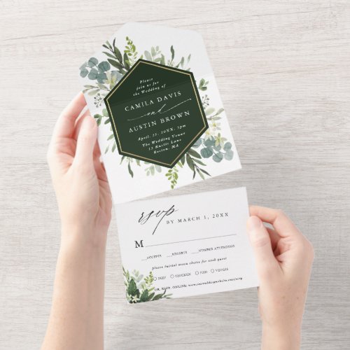 Greenery Watercolor Gold Hexagon Wedding All In One Invitation