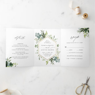 Greenery Watercolor Gold Hexagon Wedding Photo Tri-Fold Invitation