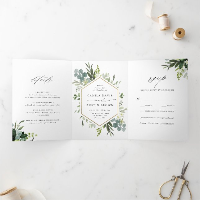 Greenery Watercolor Gold Hexagon Wedding Photo Tri-Fold Invitation (Inside)