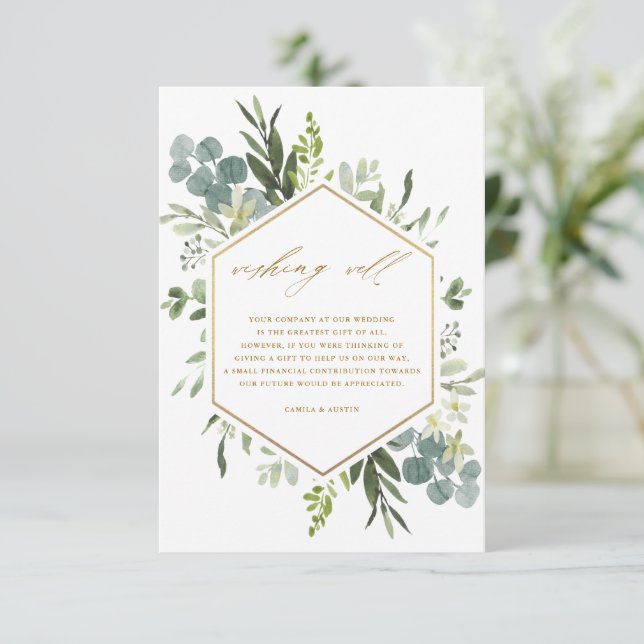 Greenery Watercolor Gold Wedding Wishing Well  Enclosure Card (Standing Front)