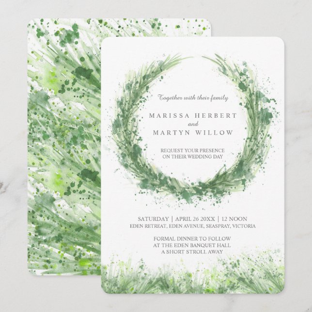 Greenery watercolor grass sage green wedding invitation (Front/Back)