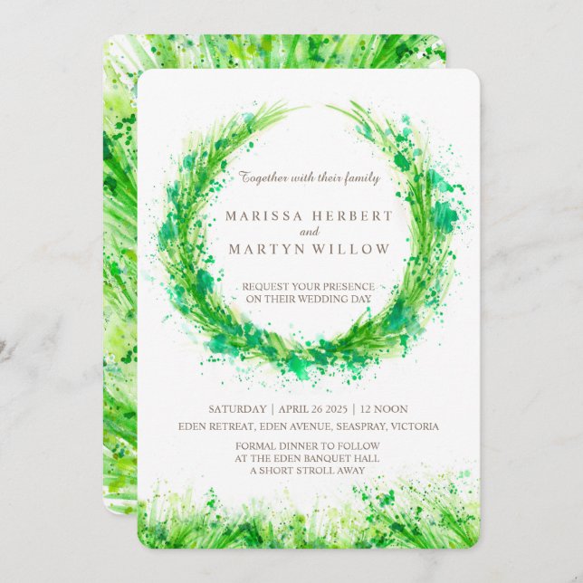 Greenery watercolor grass wedding invitations (Front/Back)