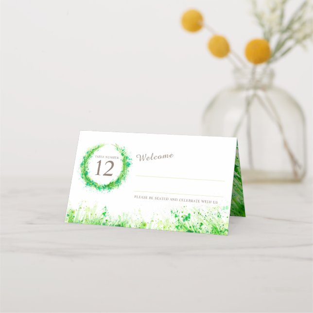 Greenery watercolor grass wedding place cards (Front)