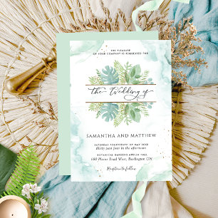 Greenery, Watercolor Green and Blue Wedding Invitation