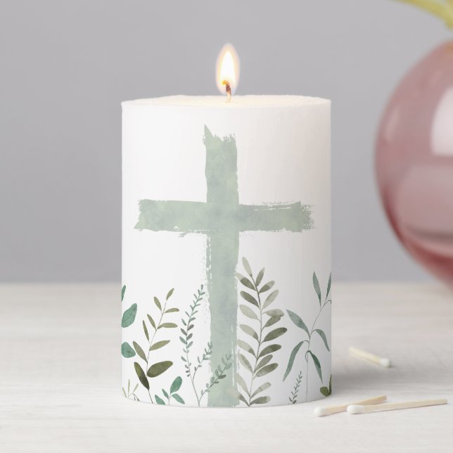 greenery watercolor Holy Cross Pillar Candle (In Situ)
